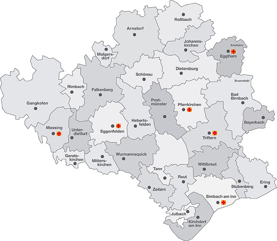 Übersichtskarte der ambulanten Pflegedienststandorte des BRK-Kreisverbandes Rottal-Inn Übersichtskarte der ambulanten Pflegedienststandorte des BRK-Kreisverbandes Rottal-Inn